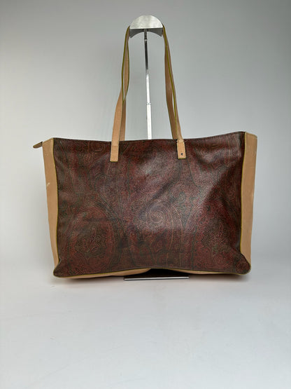 Vintage Etro Paisley Leather Tote Bag Brown Red beige