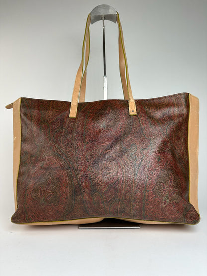 Vintage Etro Paisley Leather Tote Bag Brown Red beige