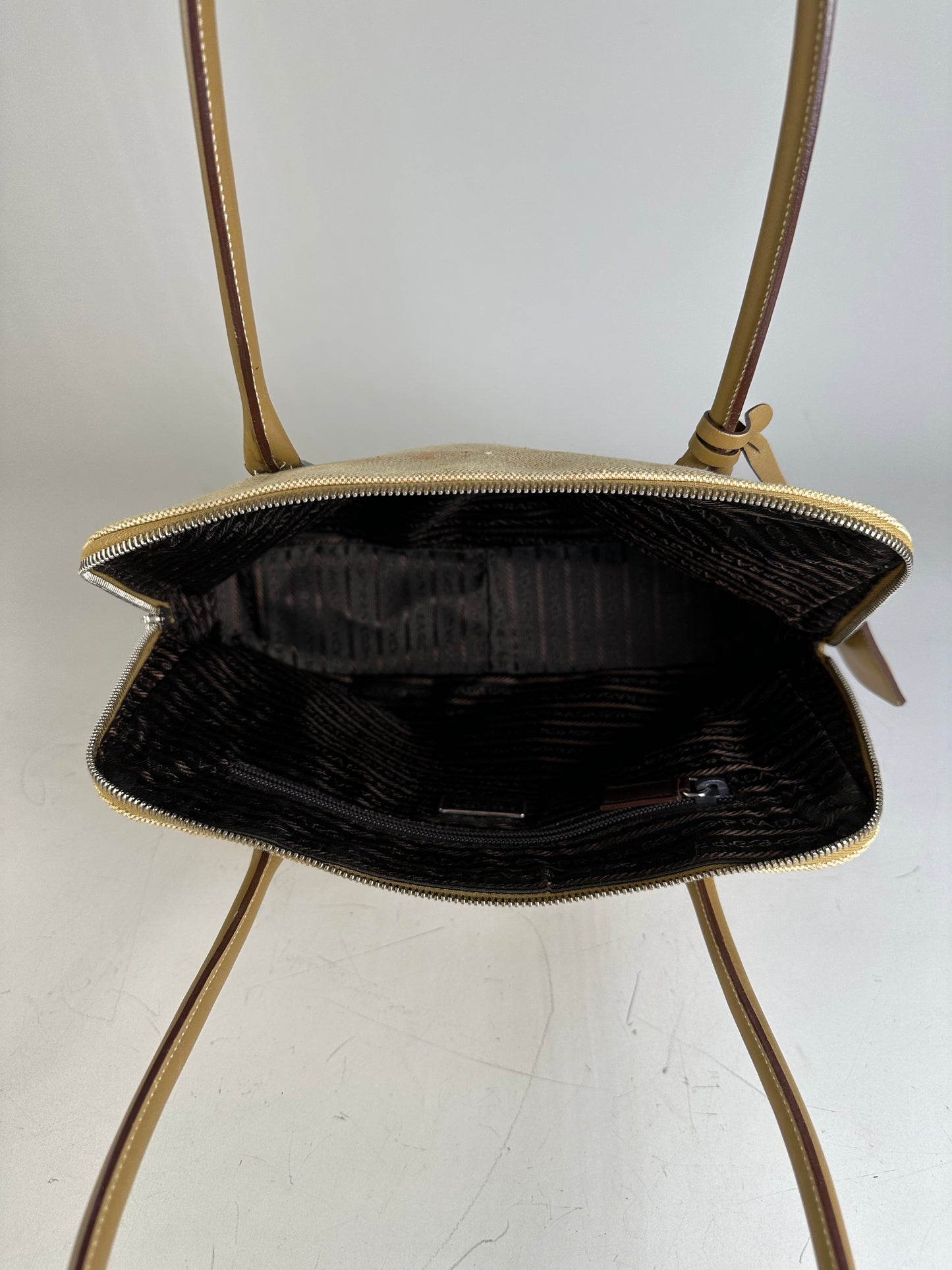 Vintage Prada Canvas Leather Trim Tote Beige Brown