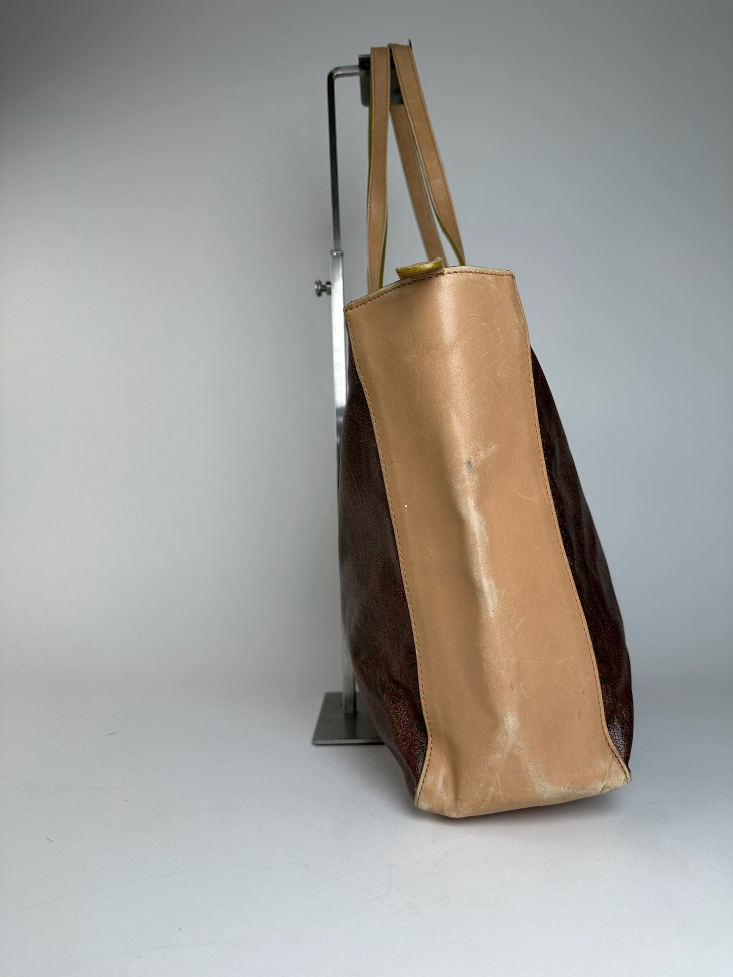 Vintage Etro Paisley Leather Tote Bag Brown Red beige