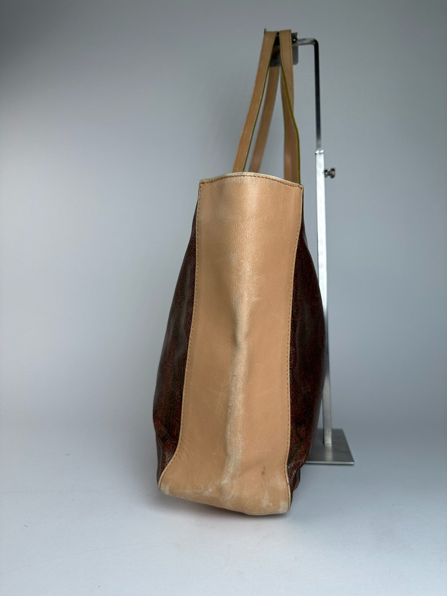 Vintage Etro Paisley Leather Tote Bag Brown Red beige