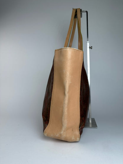 Vintage Etro Paisley Leather Tote Bag Brown Red beige