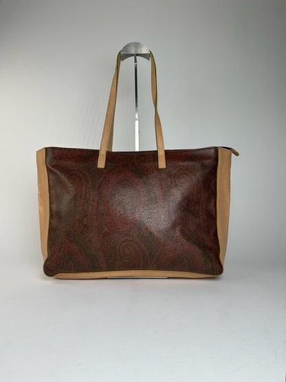 Vintage Etro Paisley Leather Tote Bag Brown Red beige