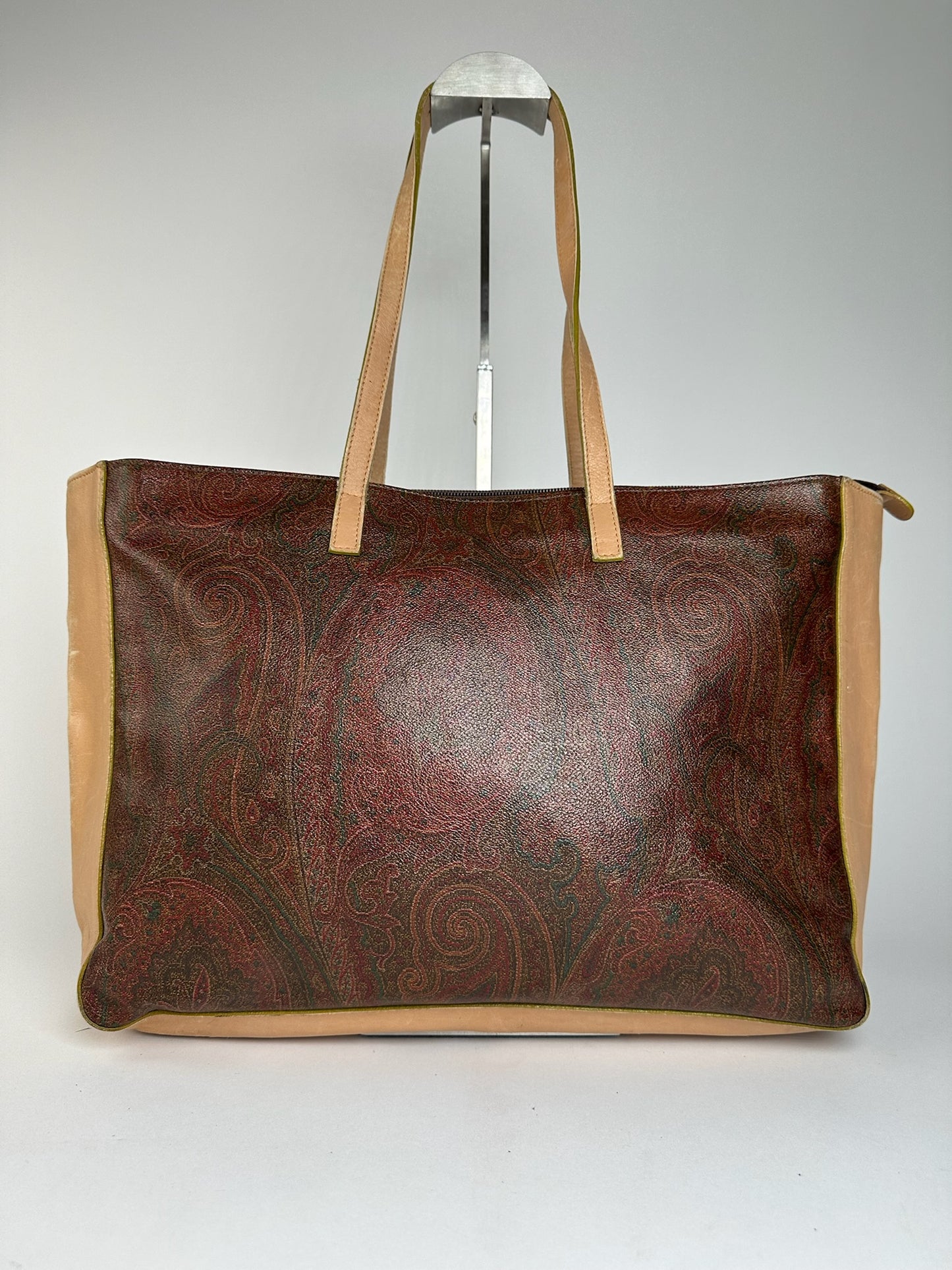 Vintage Etro Paisley Leather Tote Bag Brown Red beige