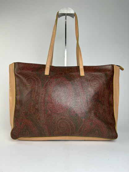Vintage Etro Paisley Leather Tote Bag Brown Red beige
