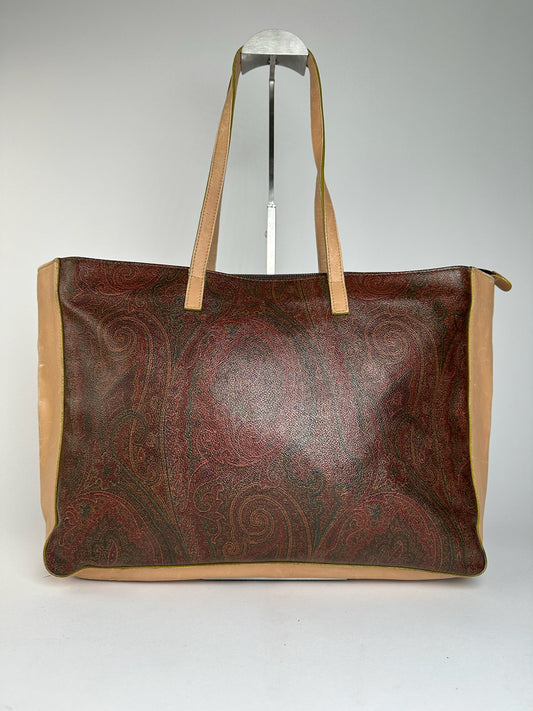 Vintage Etro Paisley Leather Tote Bag Brown Red beige