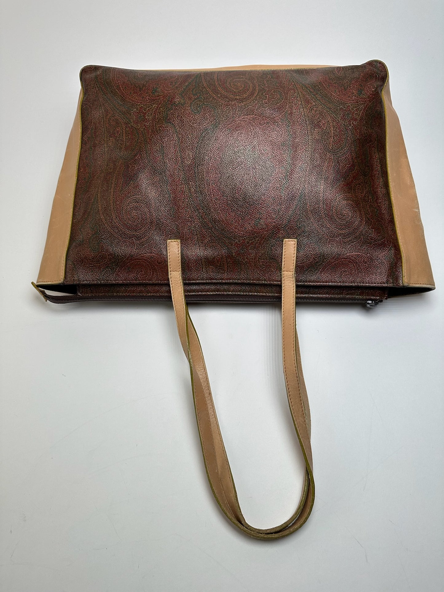 Vintage Etro Paisley Leather Tote Bag Brown Red beige