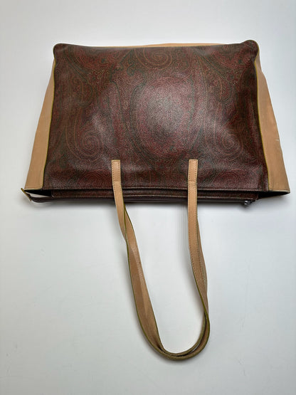 Vintage Etro Paisley Leather Tote Bag Brown Red beige