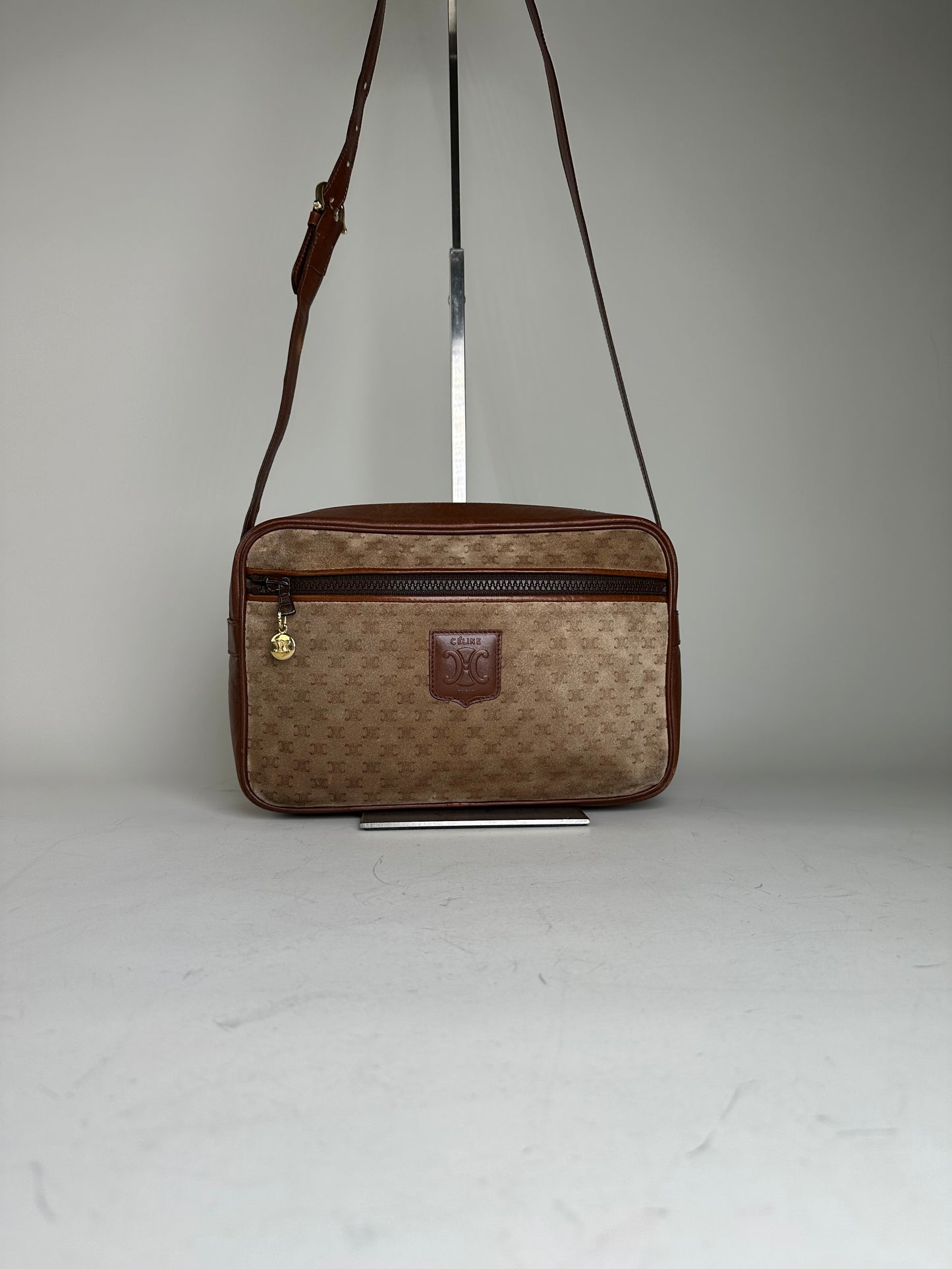 Vintage Celine Monogram Canvas Crossbody Bag Beige Brown Gold