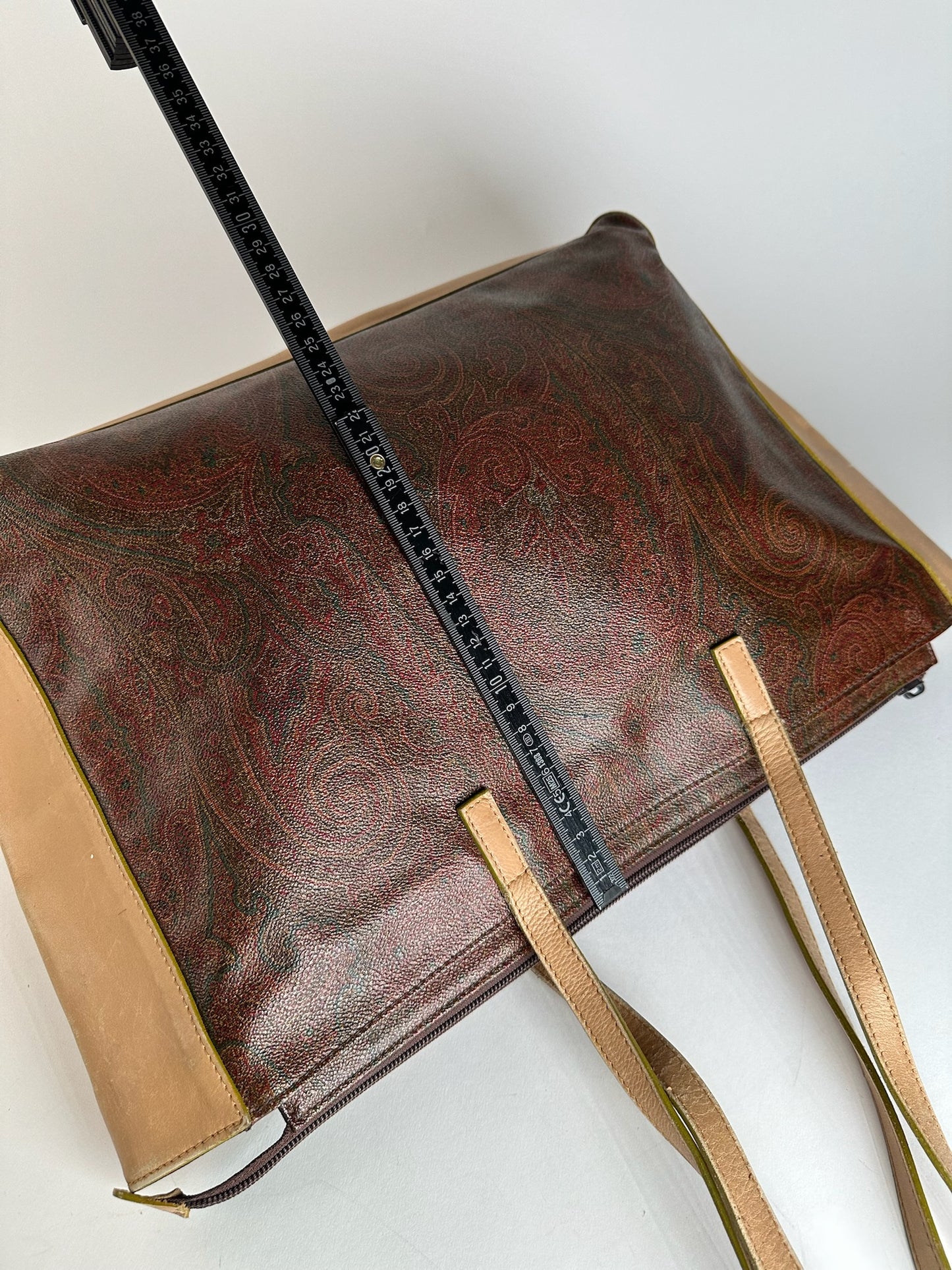 Vintage Etro Paisley Leather Tote Bag Brown Red beige