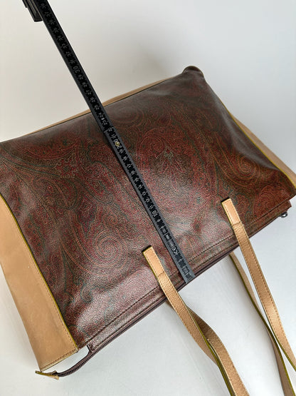 Vintage Etro Paisley Leather Tote Bag Brown Red beige