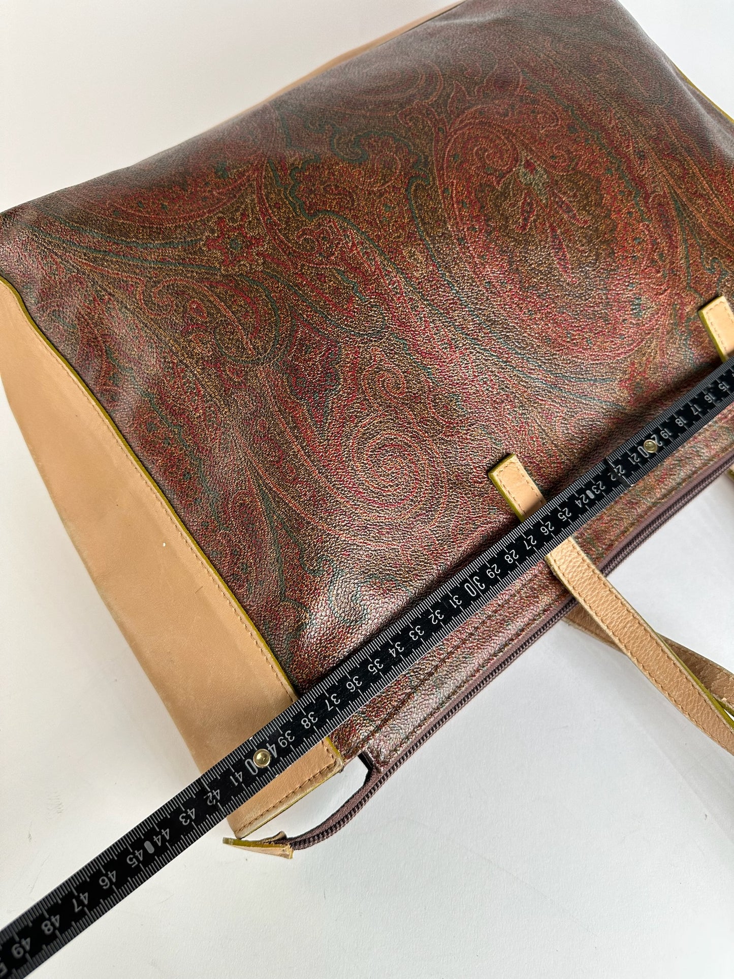 Vintage Etro Paisley Leather Tote Bag Brown Red beige