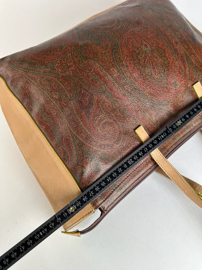 Vintage Etro Paisley Leather Tote Bag Brown Red beige