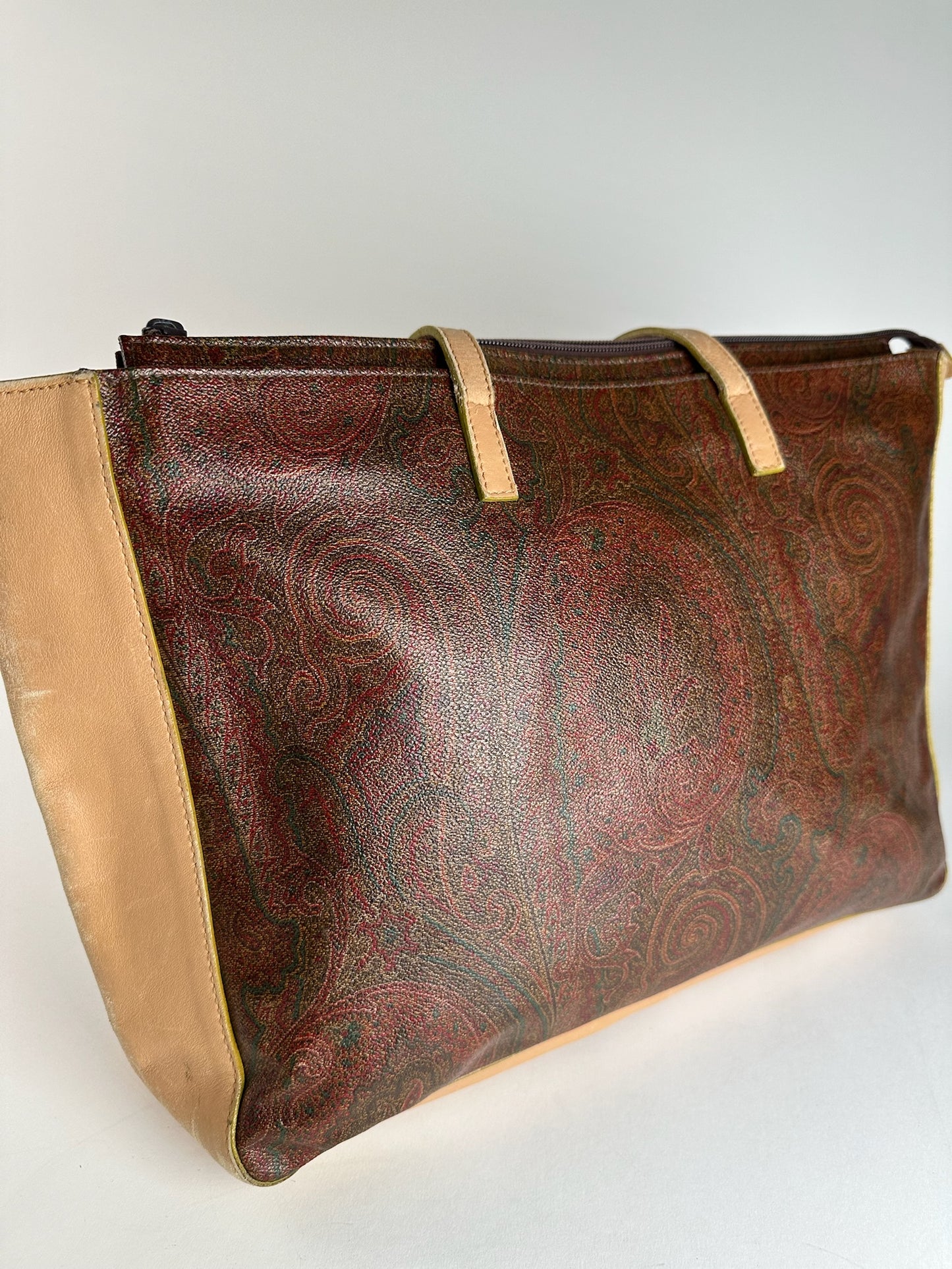 Vintage Etro Paisley Leather Tote Bag Brown Red beige
