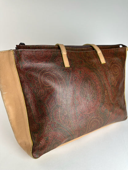 Vintage Etro Paisley Leather Tote Bag Brown Red beige