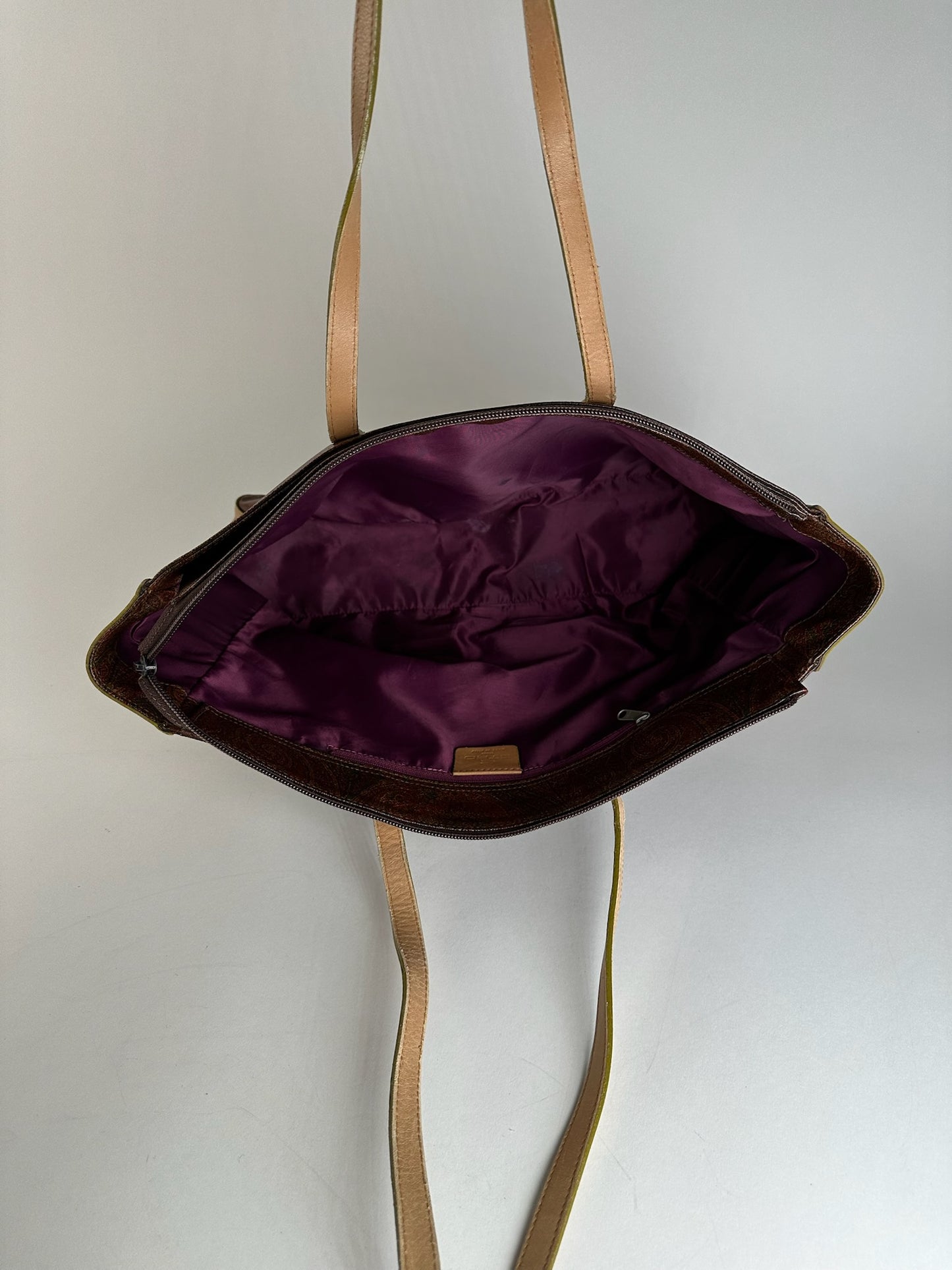 Vintage Etro Paisley Leather Tote Bag Brown Red beige
