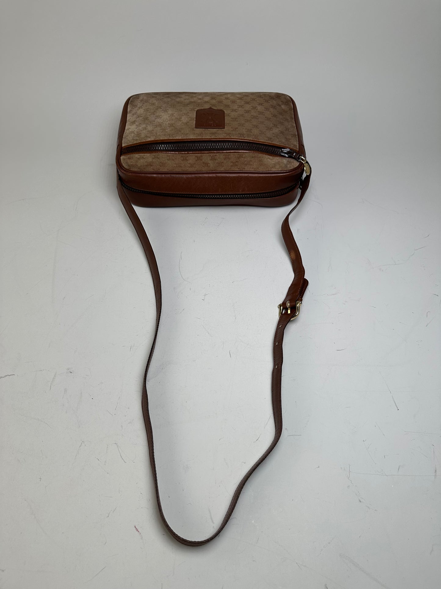 Vintage Celine Monogram Canvas Crossbody Bag Beige Brown Gold