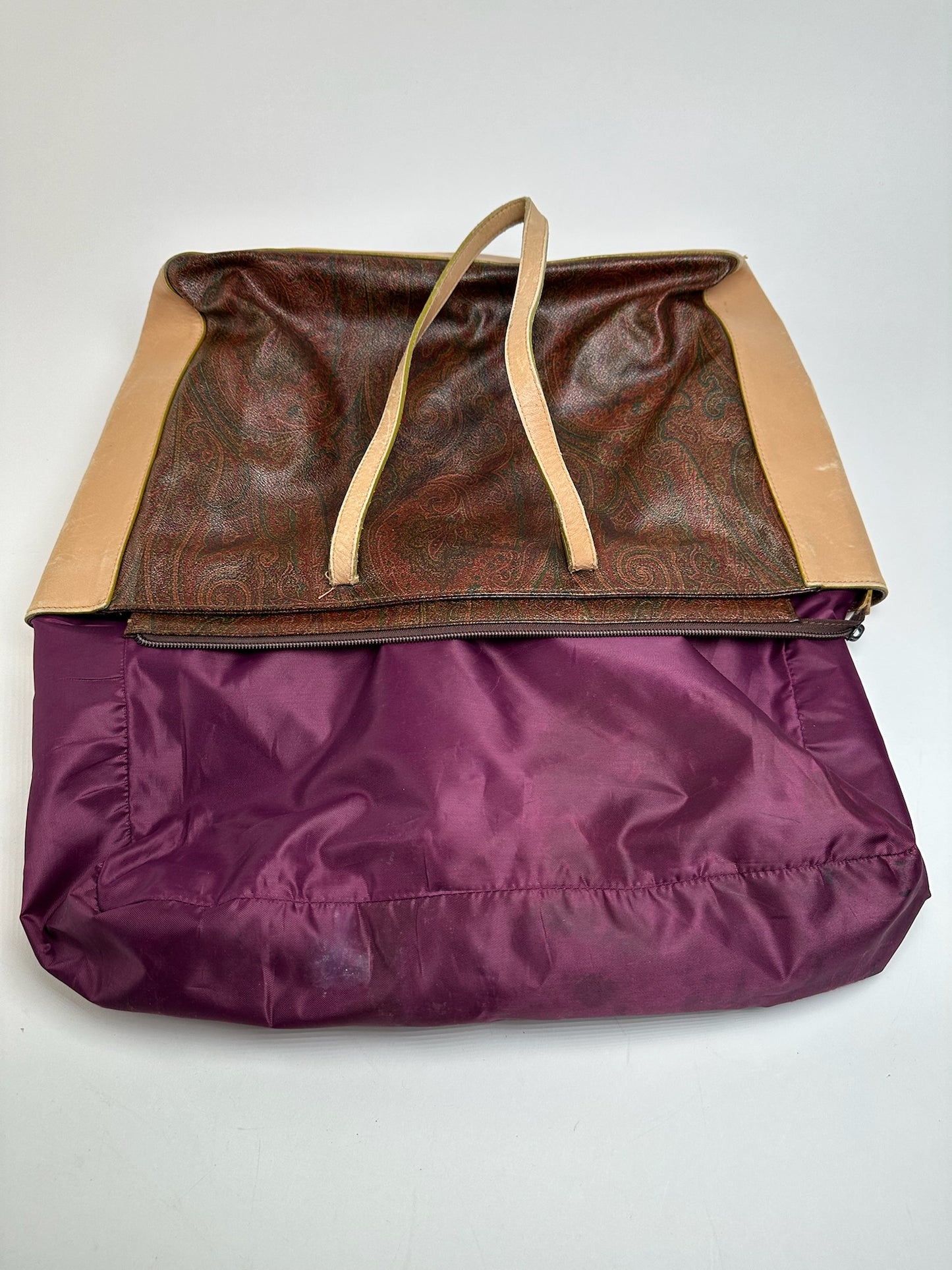 Vintage Etro Paisley Leather Tote Bag Brown Red beige