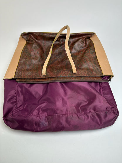 Vintage Etro Paisley Leather Tote Bag Brown Red beige