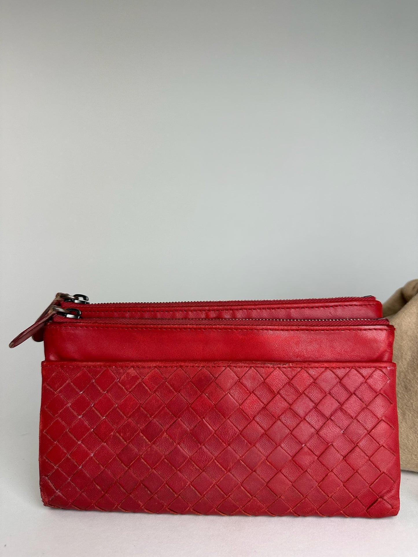 Vintage Bottega Veneta Intrecciato Leather Card Holder Wallet Red