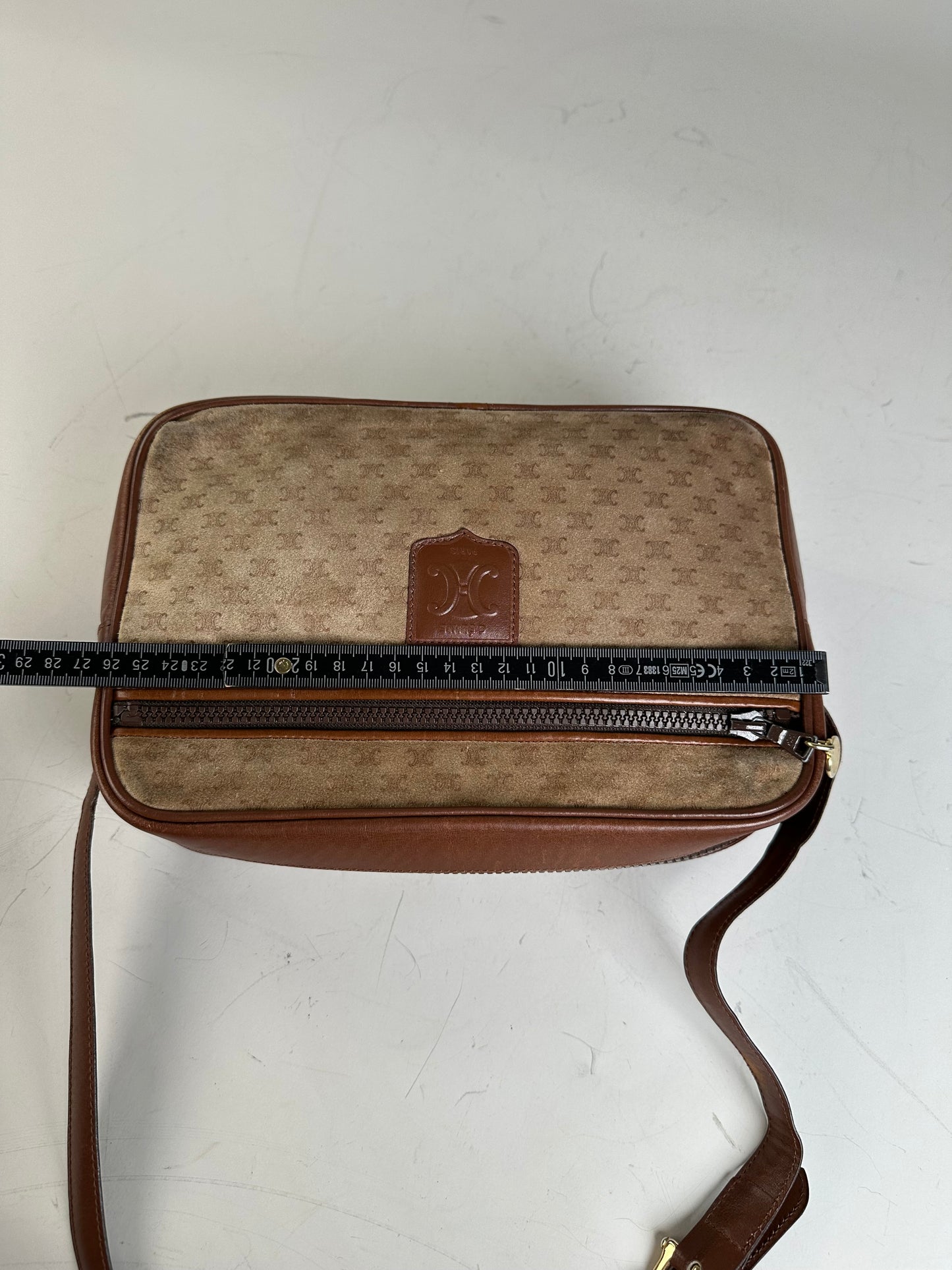 Vintage Celine Monogram Canvas Crossbody Bag Beige Brown Gold