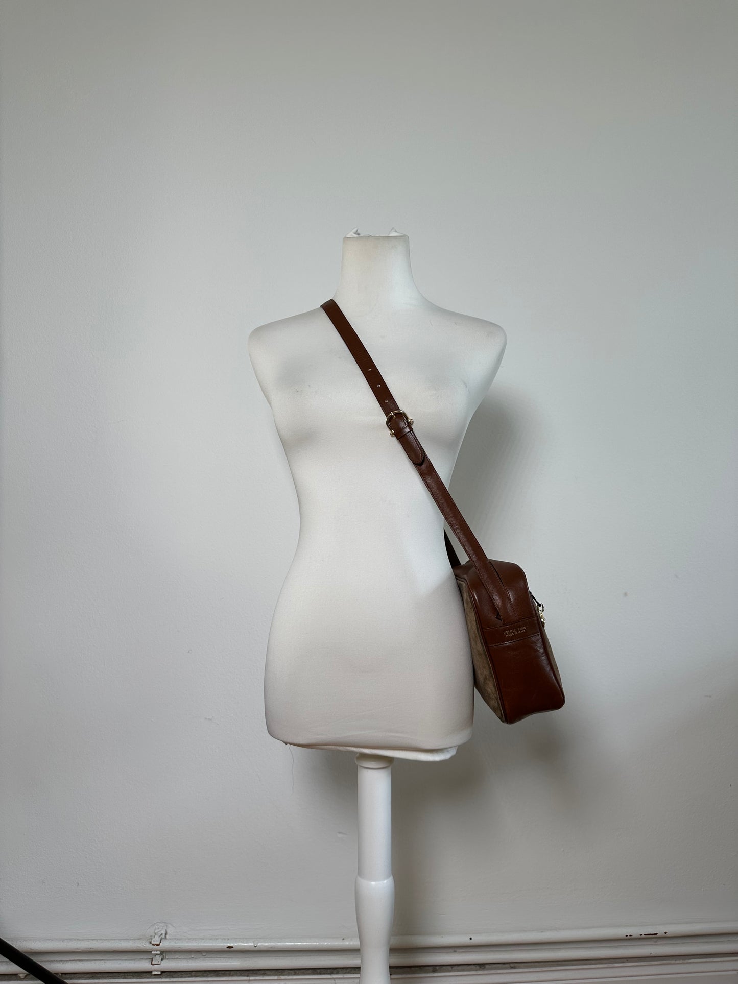 Vintage Celine Monogram Canvas Crossbody Bag Beige Brown Gold