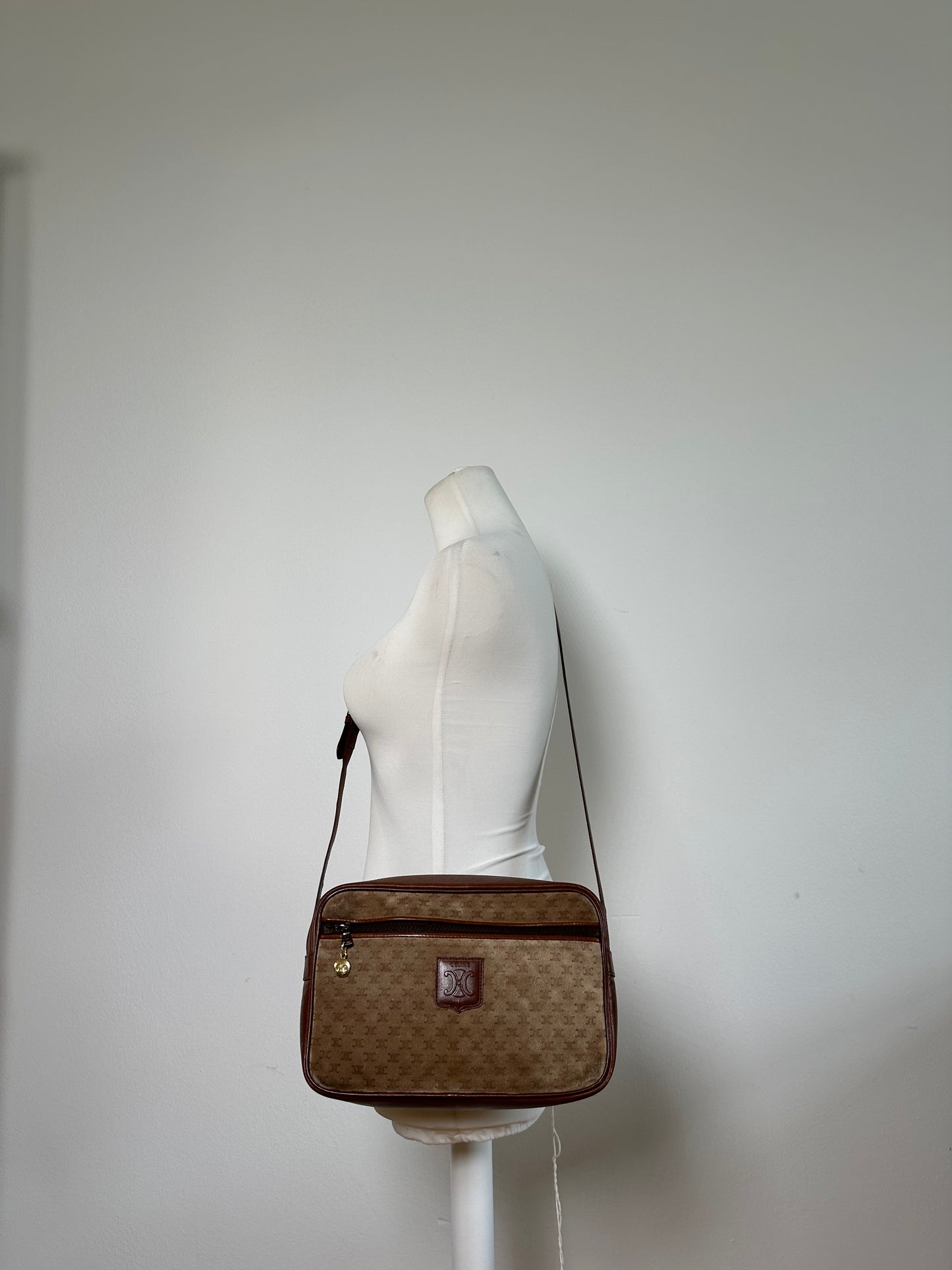 Vintage Celine Monogram Canvas Crossbody Bag Beige Brown Gold