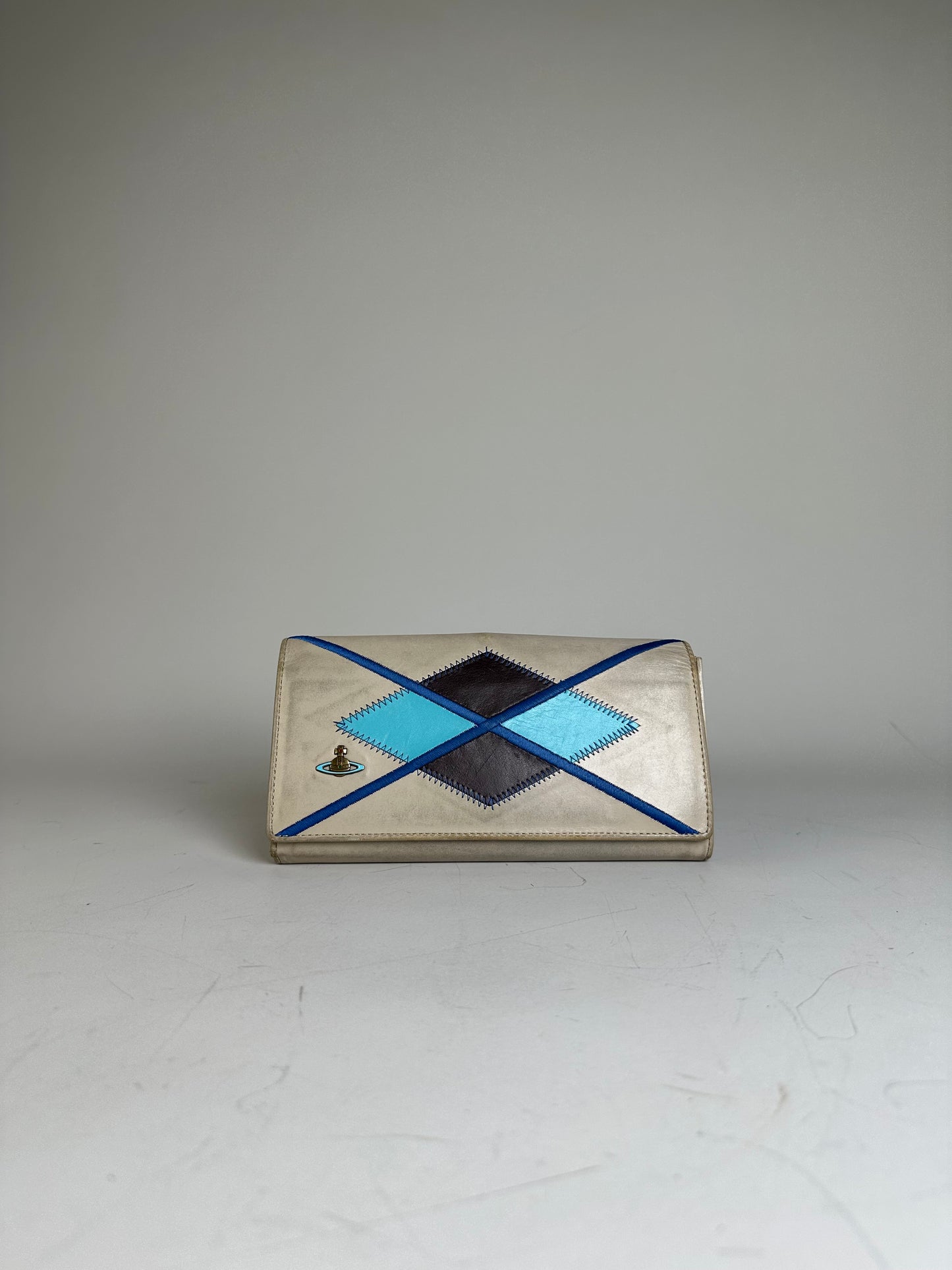 Vintage Vivienne Westwood Embroidered Leather Wallet Silver Blue