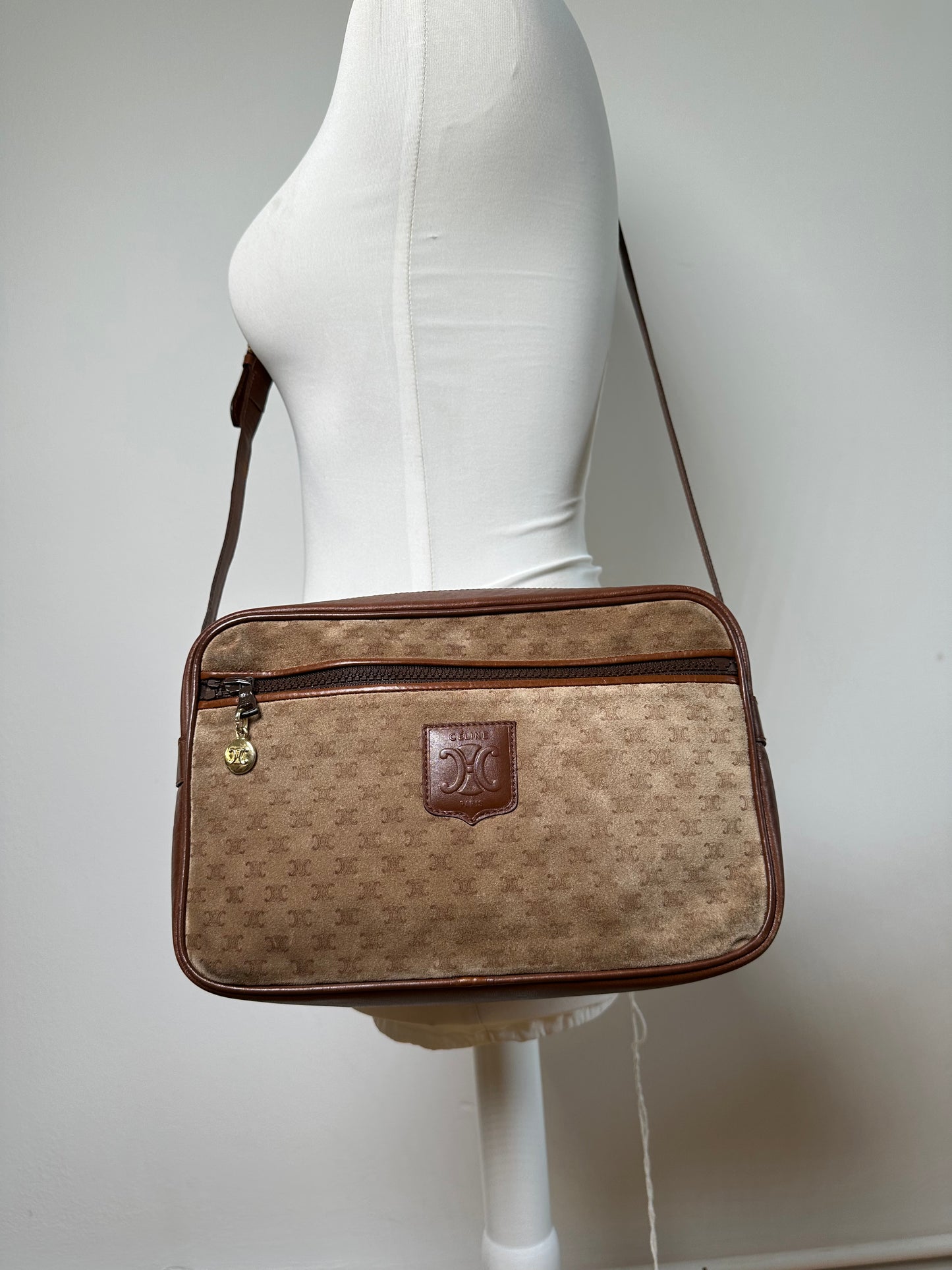 Vintage Celine Monogram Canvas Crossbody Bag Beige Brown Gold