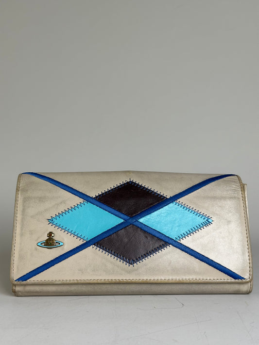 Vintage Vivienne Westwood Embroidered Leather Wallet Silver Blue