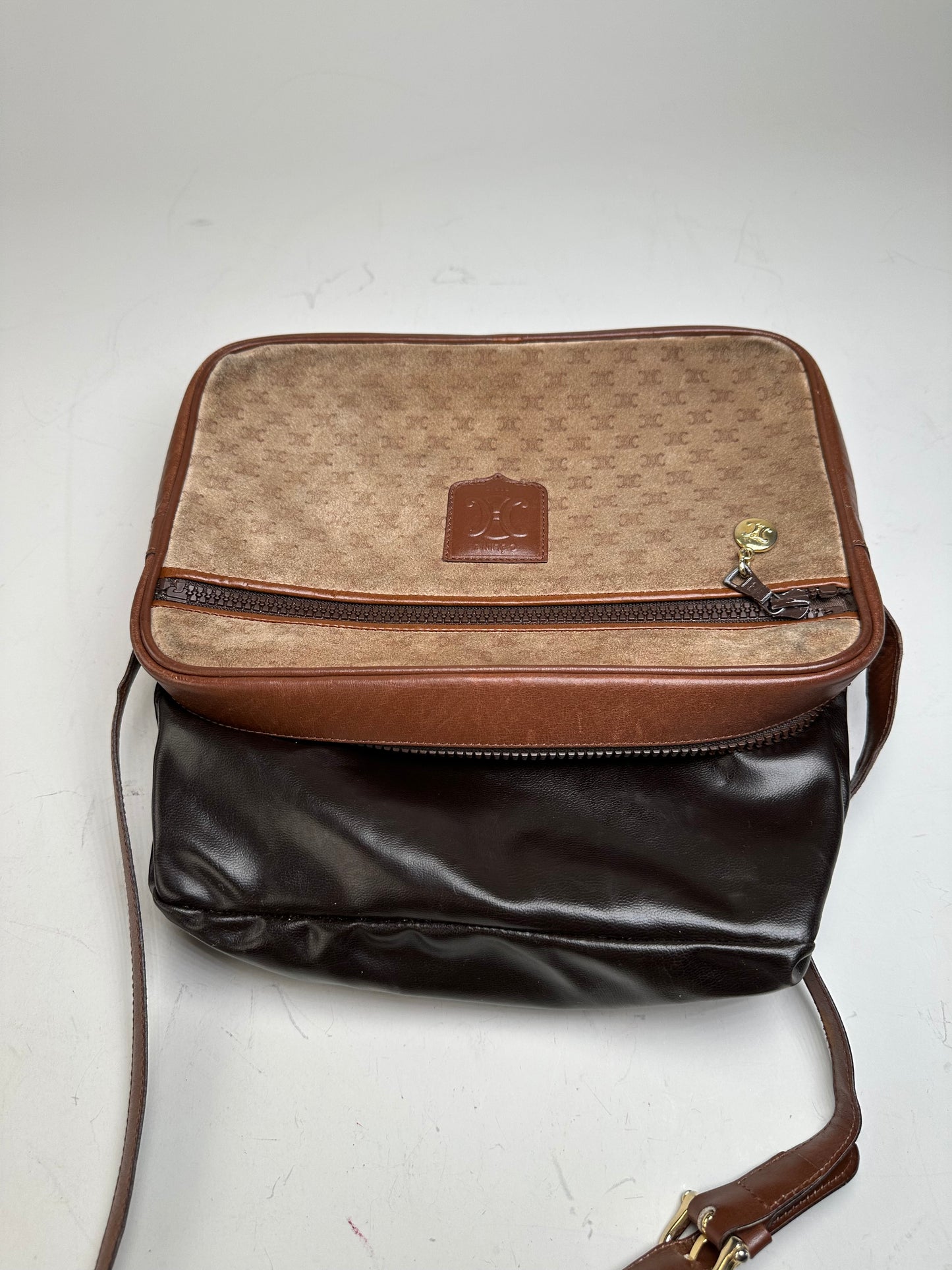 Vintage Celine Monogram Canvas Crossbody Bag Beige Brown Gold
