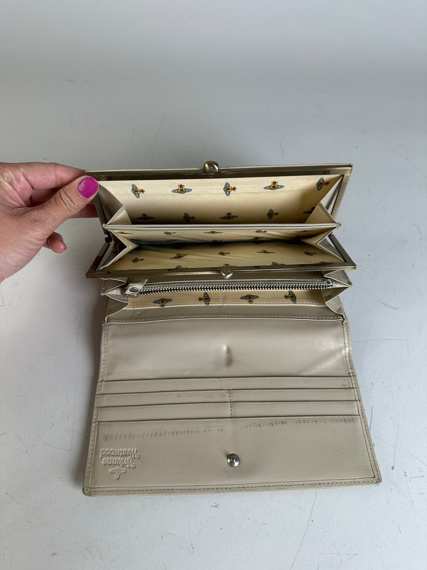 Vintage Vivienne Westwood Embroidered Leather Wallet Silver Blue