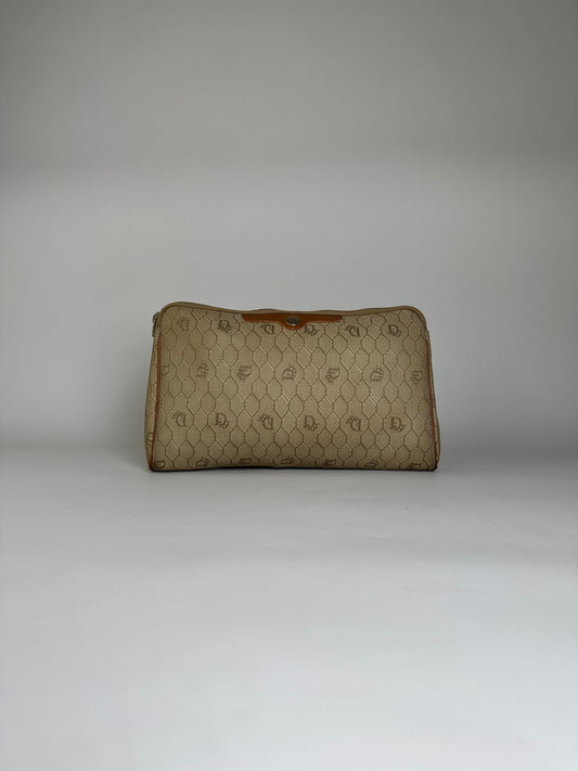 Vintage Dior Coated Canvas Clutch Beige Brown Gold