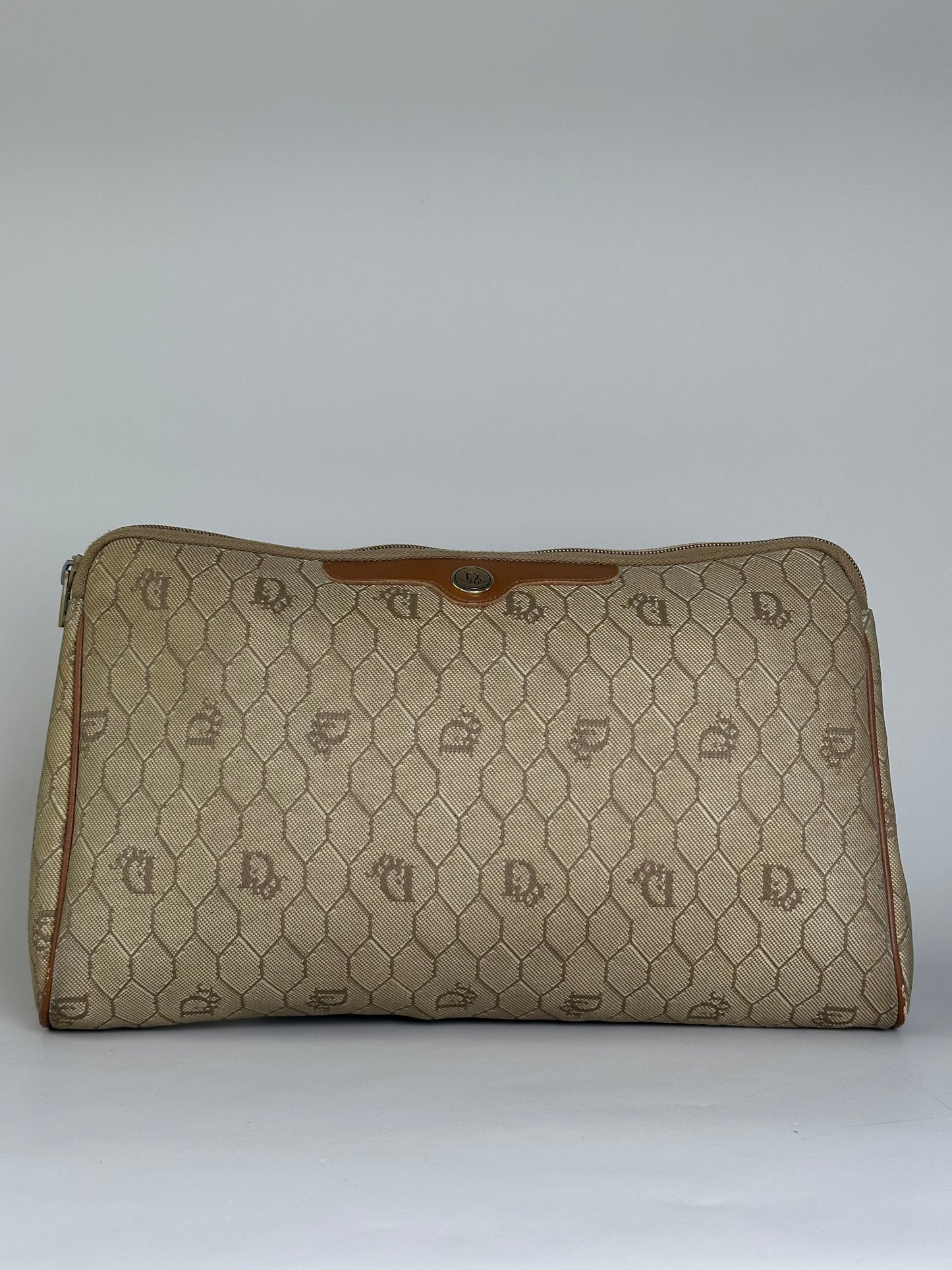 Vintage Dior Coated Canvas Clutch Beige Brown Gold