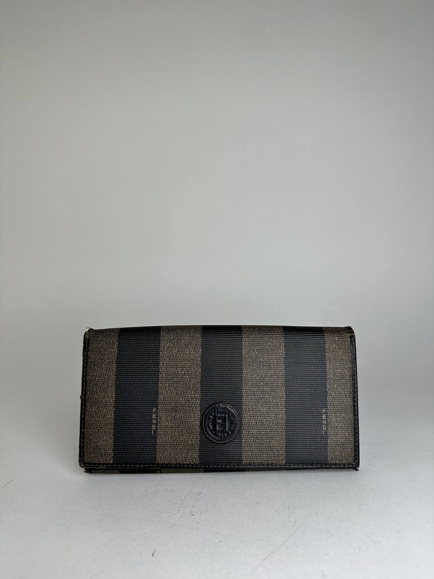 Vintage Fendi Pequin Stripe Long Wallet Canvas Brown