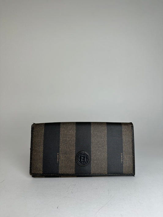 Vintage Fendi Pequin Stripe Long Wallet Canvas Brown