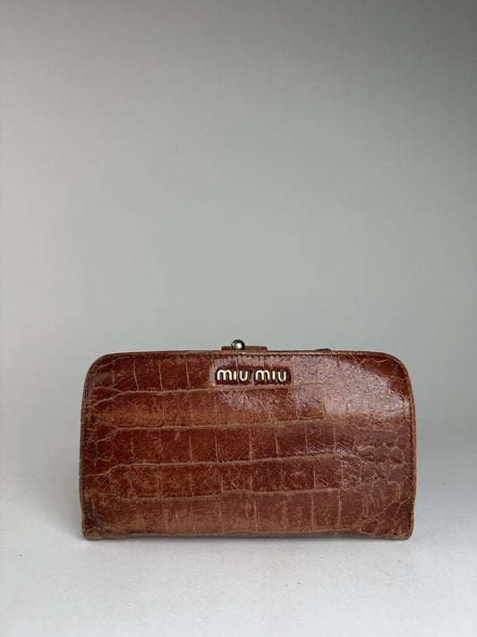 Vintage Miu Miu Crocodile Emblossed Leather Wallet Brown