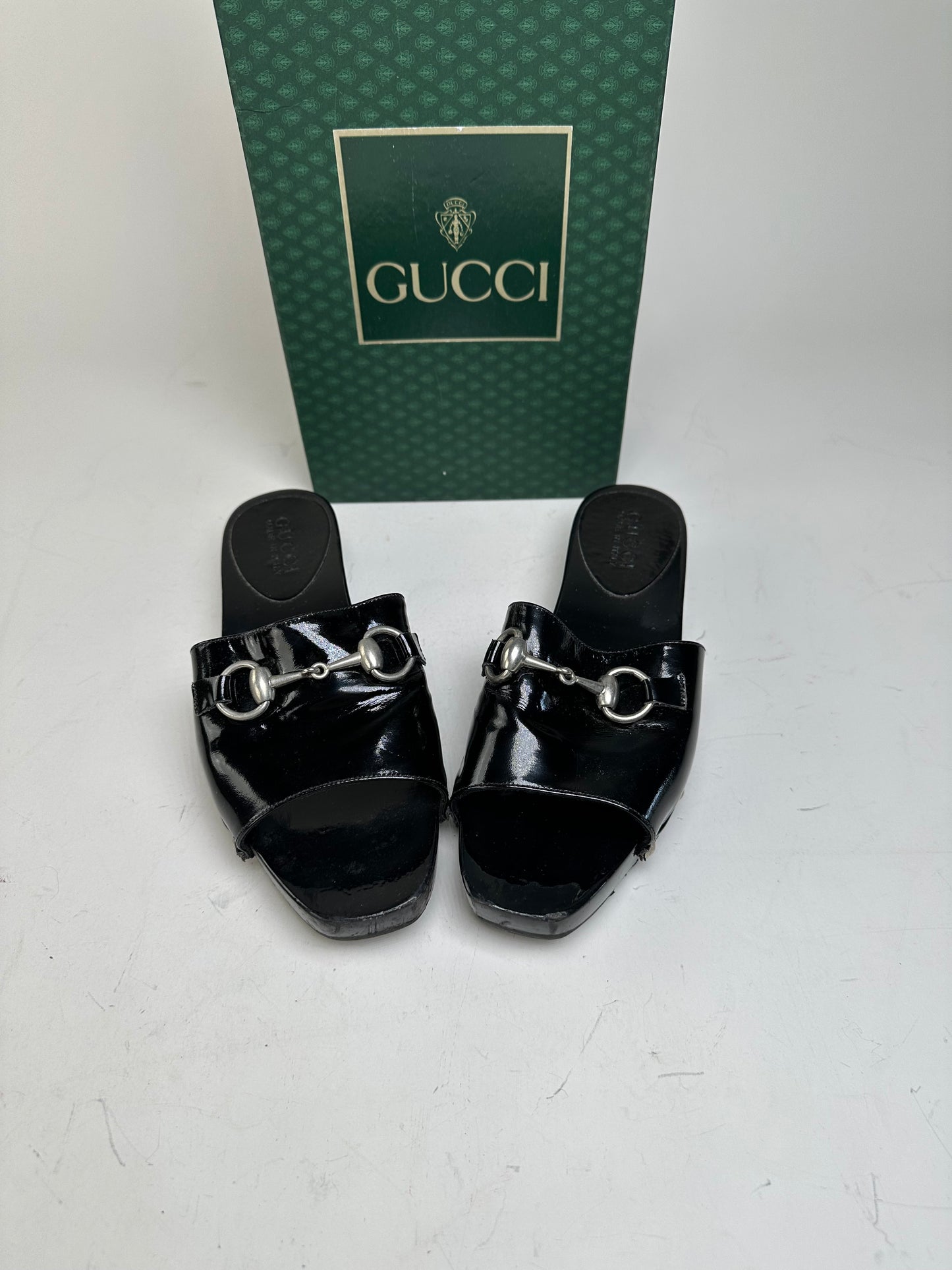 Vintage Gucci Patent Leather Mules Black Silver EU36