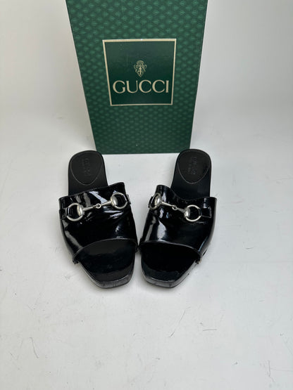 Vintage Gucci Patent Leather Mules Black Silver EU36