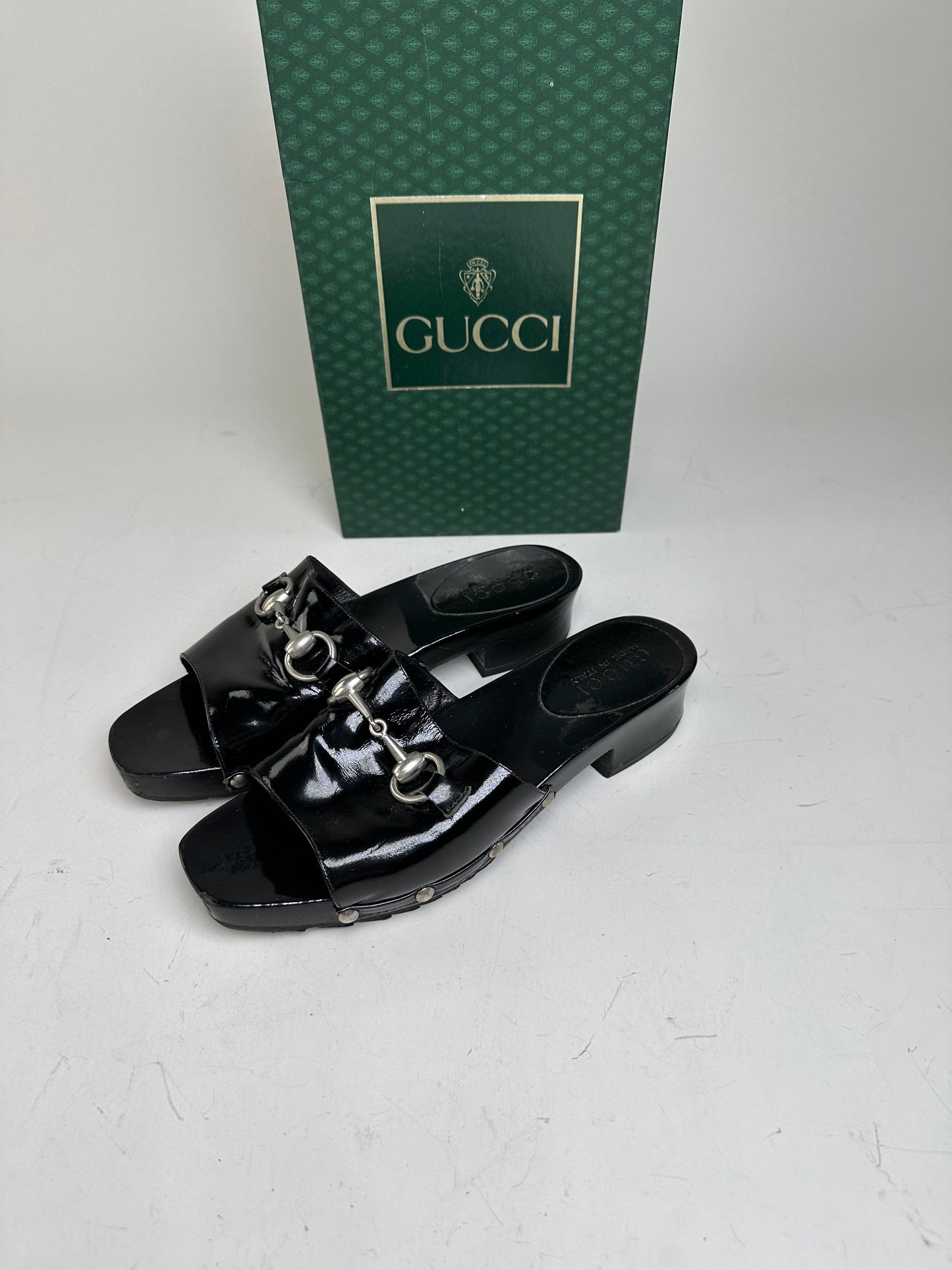 Vintage Gucci Patent Leather Mules Black Silver EU36