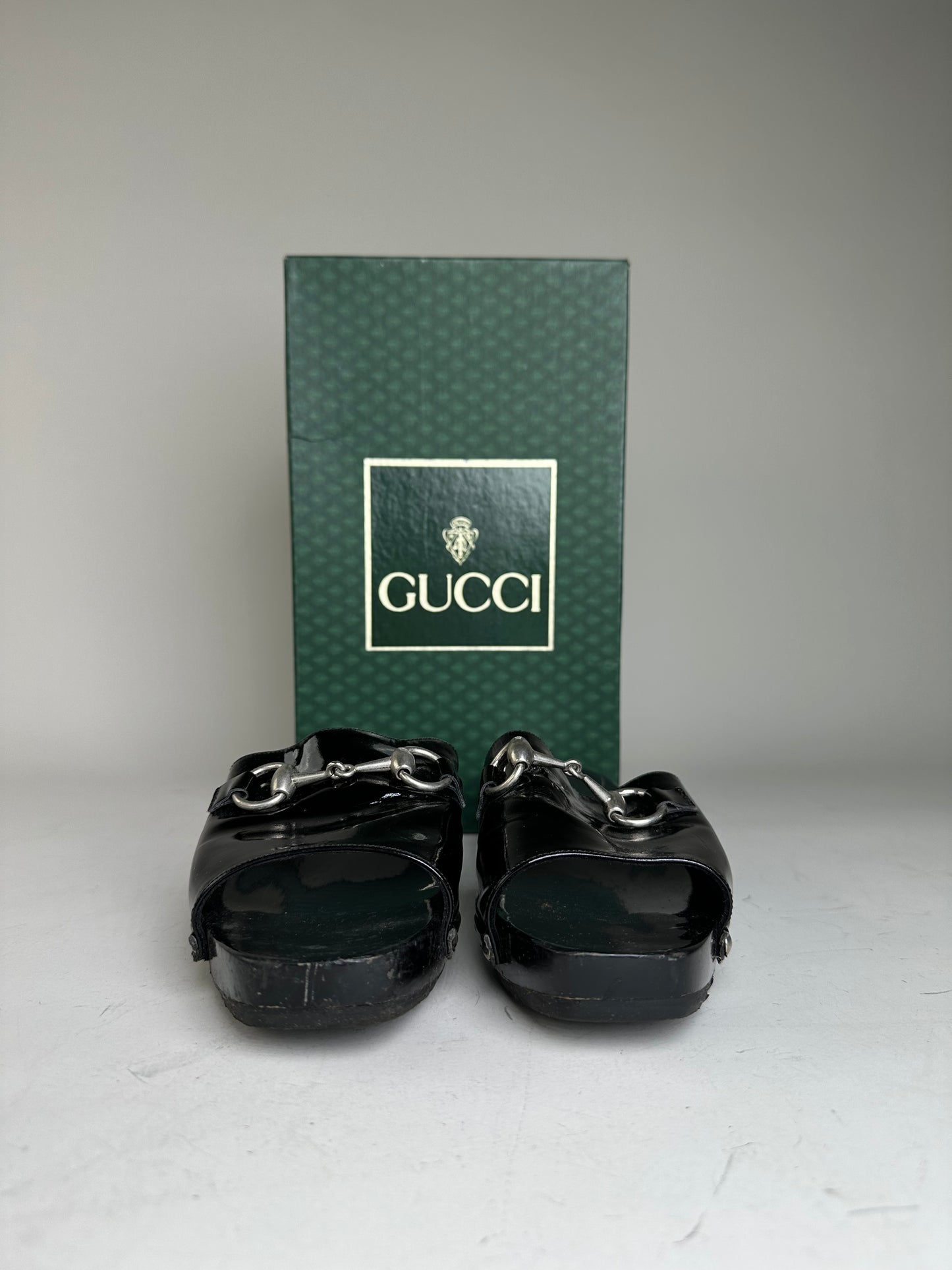 Vintage Gucci Patent Leather Mules Black Silver EU36