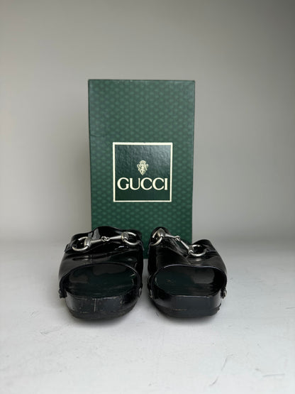 Vintage Gucci Patent Leather Mules Black Silver EU36