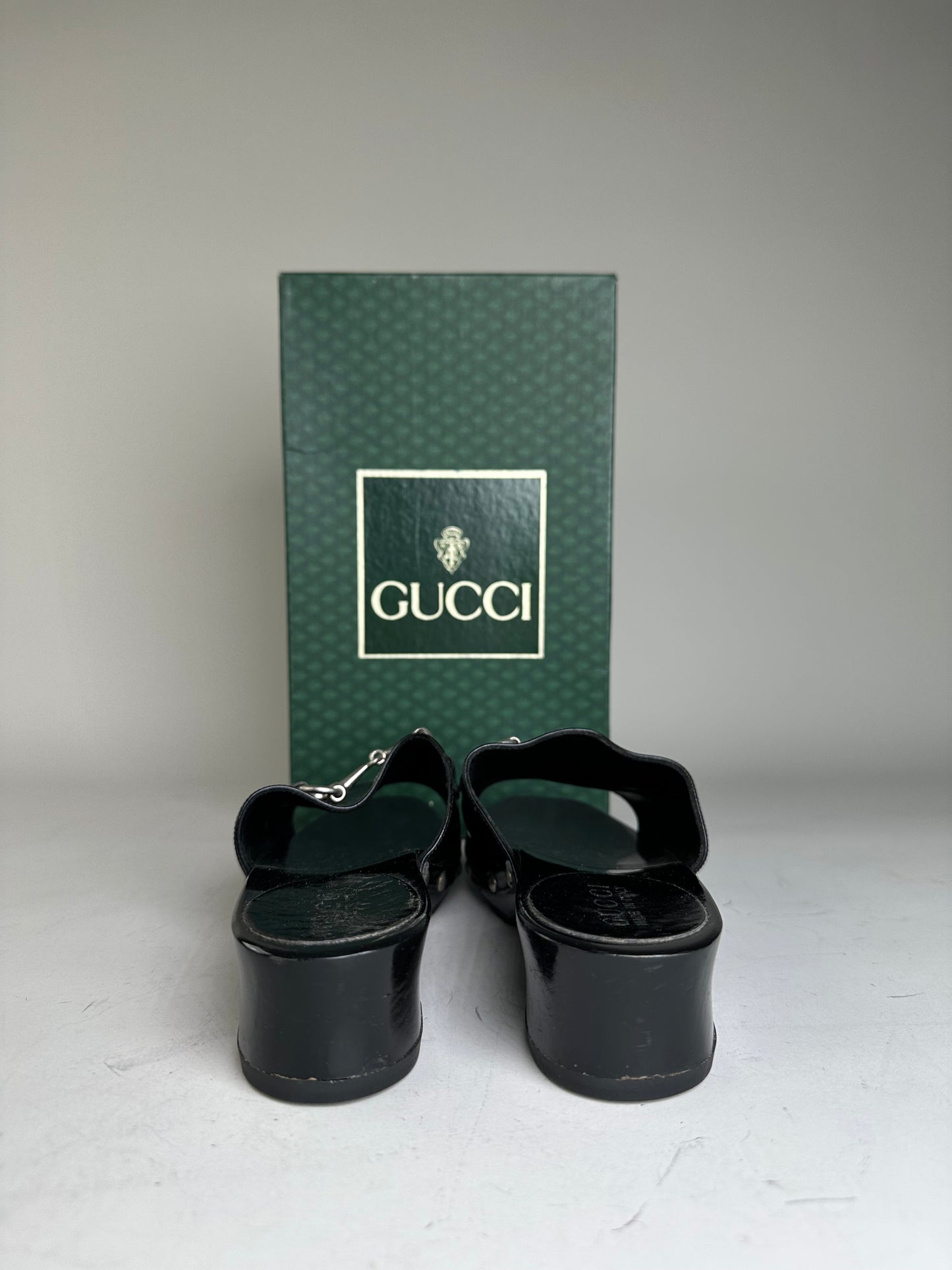 Vintage Gucci Patent Leather Mules Black Silver EU36