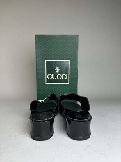 Vintage Gucci Patent Leather Mules Black Silver EU36