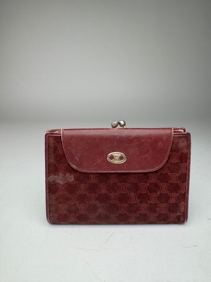 Vintage Celine Triomphe Monogram Suede Leather Wallet Burgundy