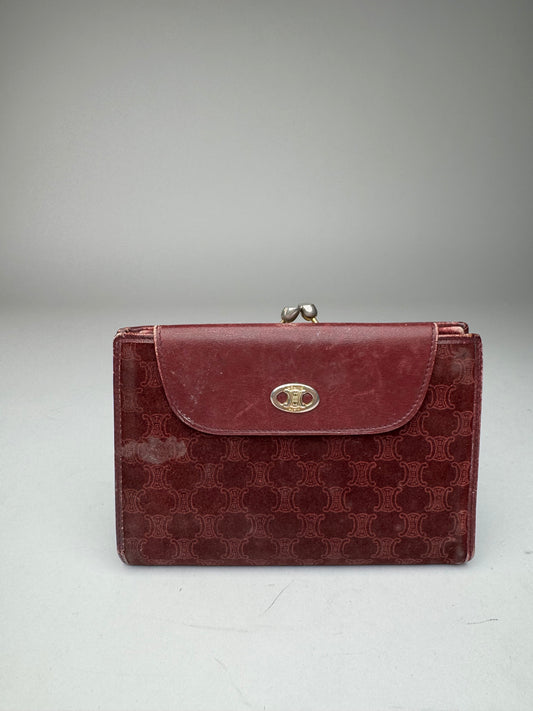 Vintage Celine Triomphe Monogram Suede Leather Wallet Burgundy