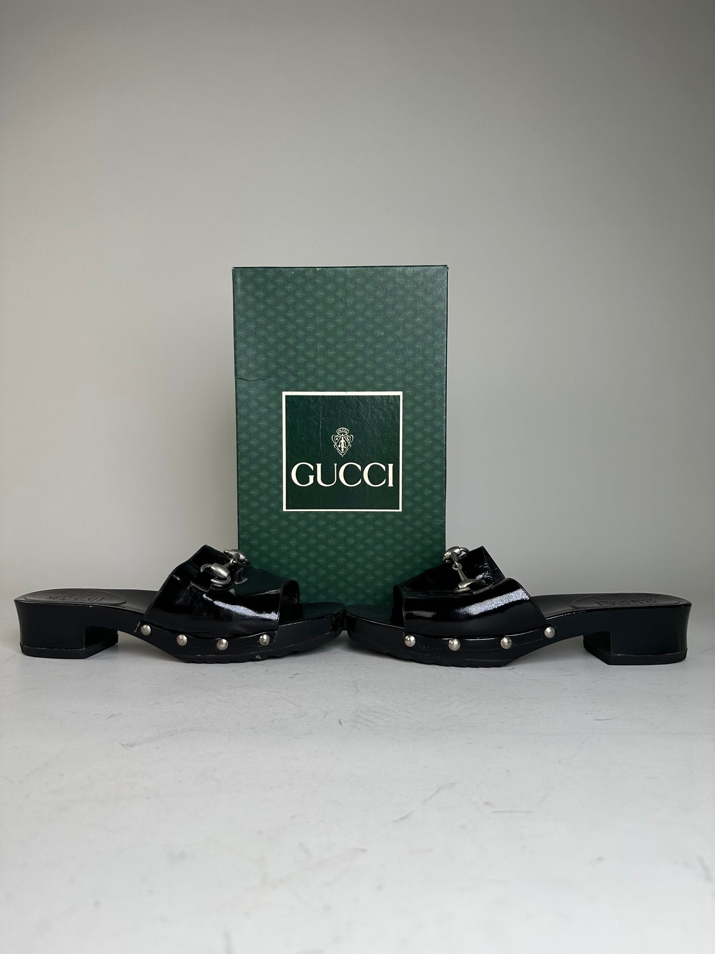 Vintage Gucci Patent Leather Mules Black Silver EU36