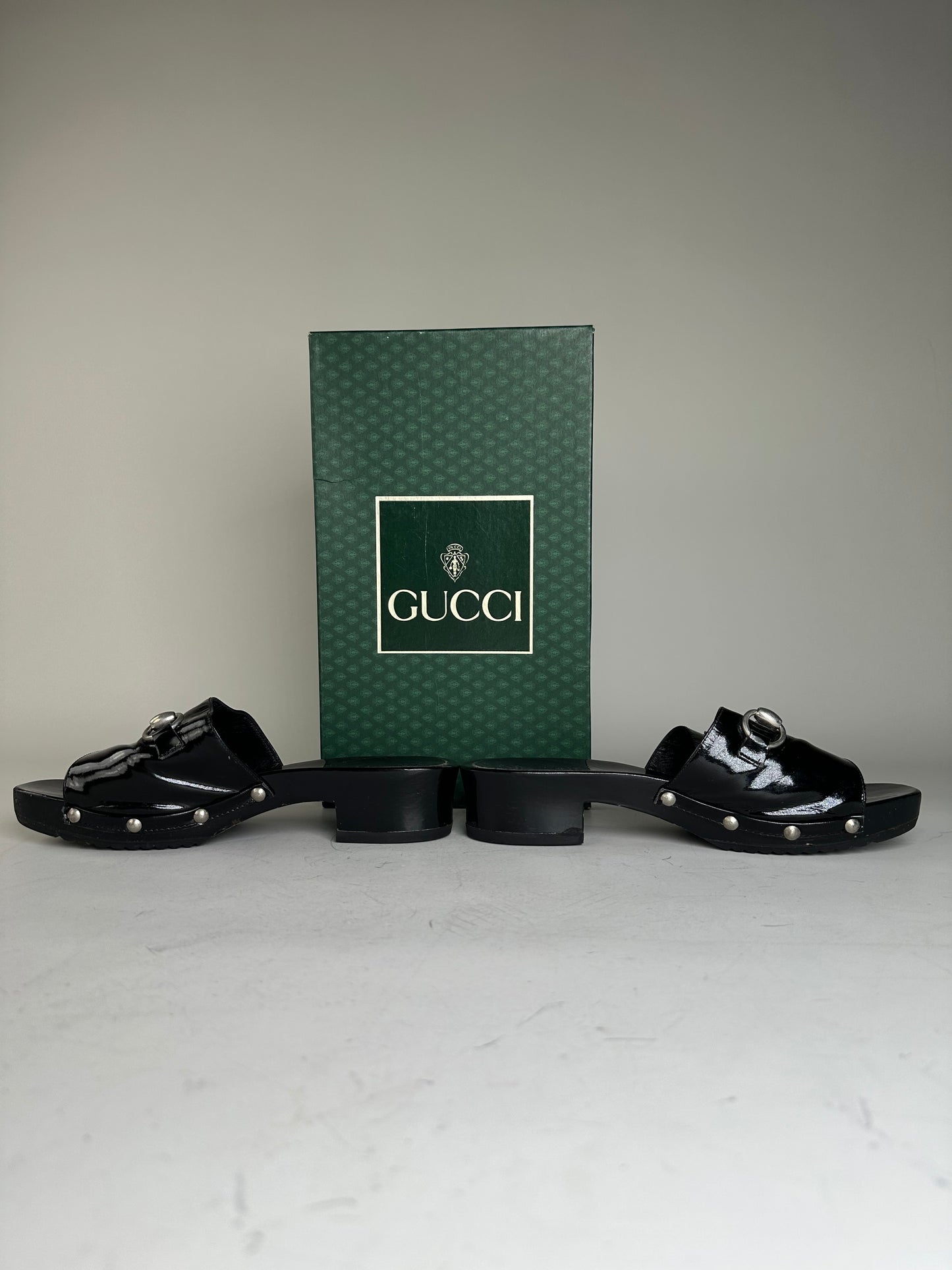 Vintage Gucci Patent Leather Mules Black Silver EU36