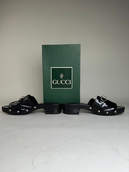 Vintage Gucci Patent Leather Mules Black Silver EU36