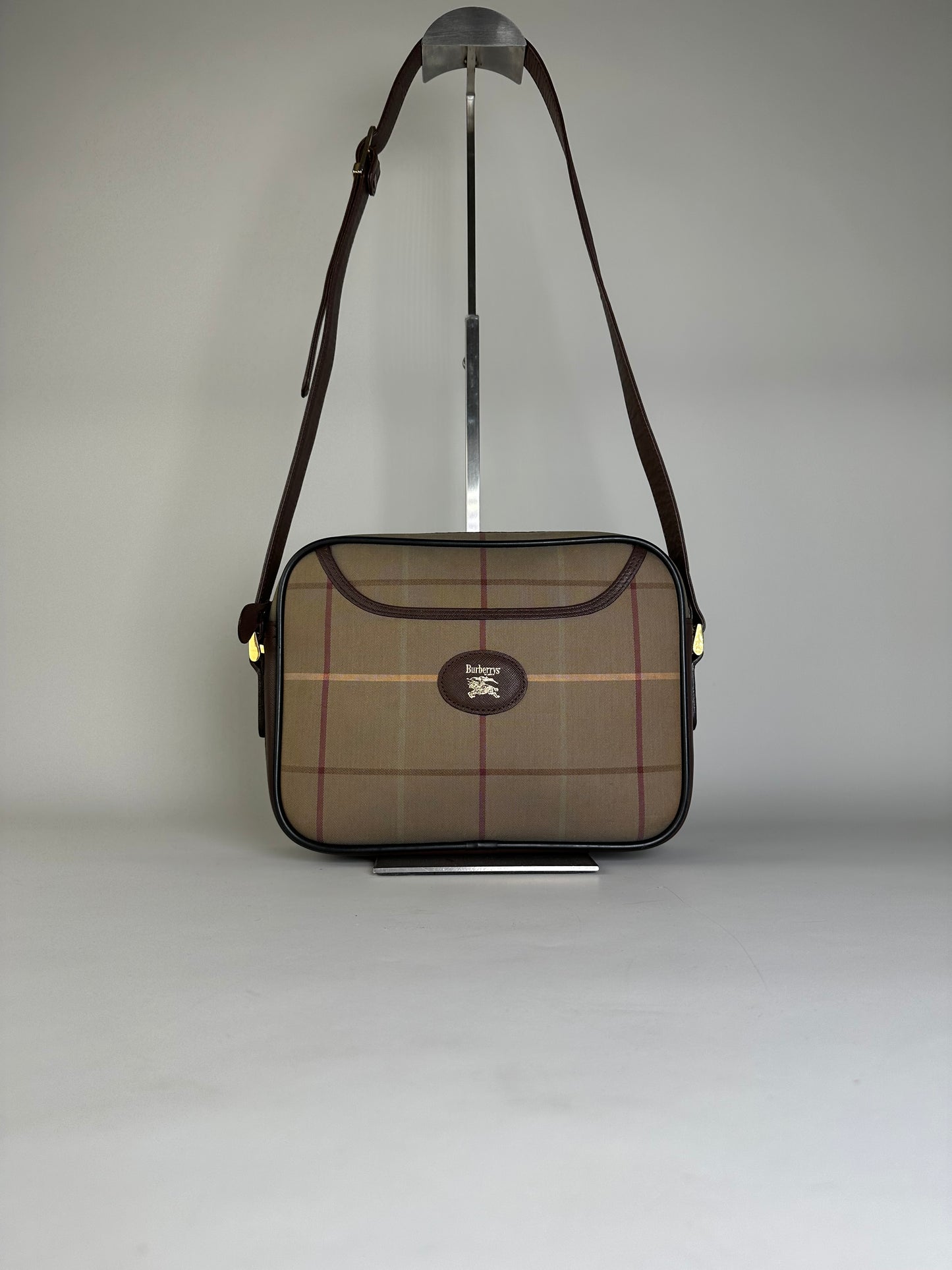 Vintage Burberry Iconic Check Coated Canvas Crossbody Beige Brown